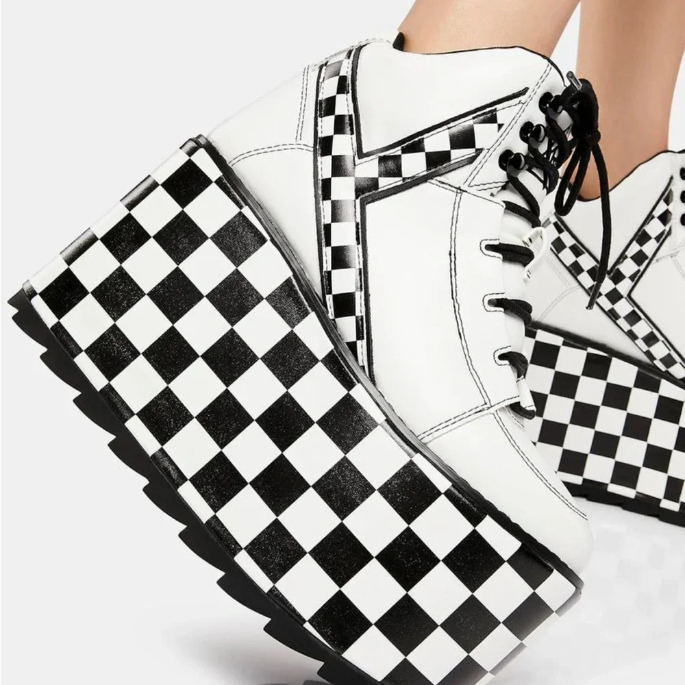 YRU Qozmo Checker Platform Sneakers in black and white vegan leather 8
